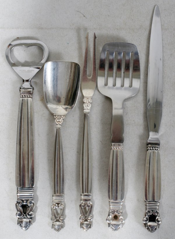 GEORG JENSEN 'ACORN' STERLING TABLEWARE & 5 PCS: GEORG JENSEN 'ACORN' STERLING TABLEWARE & LETTER OPENER, FIVE PIECES, L 5 3/4"-7 1/2":Including 1 sugar spoon, 1 pickle fork, 1 tomato server, 1 bottle opener and 1 letter opener. All are marked "Geor
