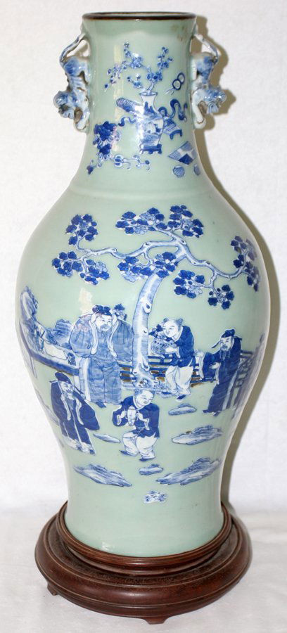 CHINESE PORCELAIN VASE, H 22", DIA 10": CHINESE PORCELAIN VASE, H 22", DIA 10":Baluster-form porcelain vase flanked by molded lion handles, the celadon ground decorated in blue under glaze with scholars in a garden (at one side only). No ma
