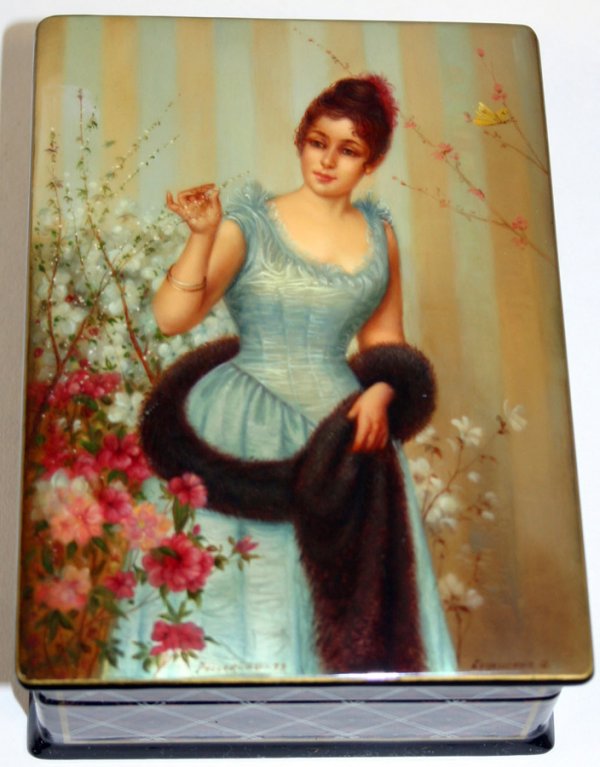 RUSSIAN HAND PAINTED RECTANGULAR HINGED BOX: RUSSIAN HAND PAINTED RECTANGULAR HINGED BOX, W 4 1/2", L 6":Figure of woman picking flowers. Signed on lower edge.