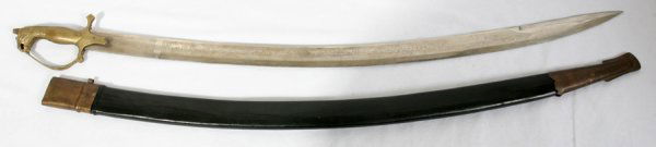 INDIAN SWORD, REPRODUCTION, C. 1930-1950,: INDIAN SWORD, REPRODUCTION, C. 1930-1950, L 37 1/2" OVERALL:Sword has a figural brass handle and a blade that is etched with scroll and leaf motifs along with "Made in India" on one side. Includes sca