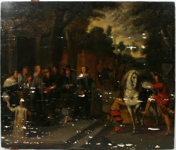 OLD MASTER OIL ON CRADLED WOOD PANEL, 18TH C., : OLD MASTER OIL ON CRADLED WOOD PANEL, 18TH C., 28" X 32", FIGURES WITH CAVALIER MOUNTING WHITE HORSE:Unsigned. Northern European. Period gilt frame.