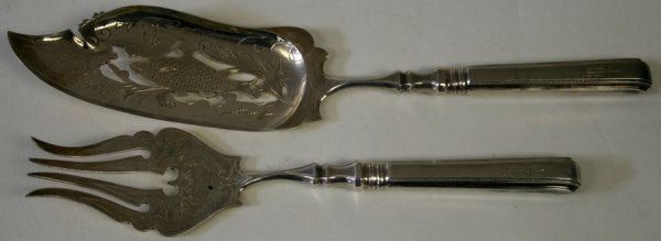 ESTONIAN/RUSSIAN .875 SILVER FISH SET, 1891, 2 : ESTONIAN/RUSSIAN .875 SILVER FISH SET, 1891, TWO PIECES, L 9" & 11":Set consists of a fish fork and knife with etched motif on the tines and the blade and initials engraved at the tip. The back of eac