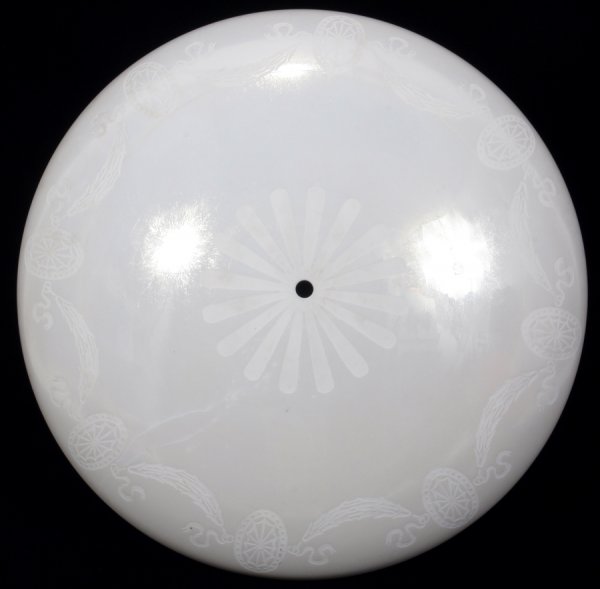 STEUBEN ETCHED CALCITE GLASS SHADE, H 5 1/2",: STEUBEN ETCHED CALCITE GLASS SHADE, H 5 1/2", DIA 19 3/4":Calcite glass shade is adorned with an acid etched motif. No apparent markings