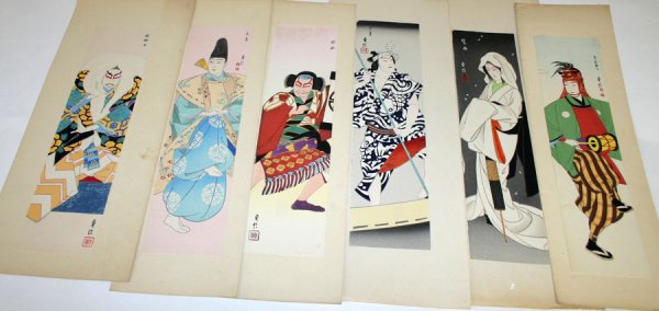 UKIYO-E JAPANESE COLOR WOODBLOCK PRINTS, 6, : UKIYO-E JAPANESE COLOR WOODBLOCK PRINTS, 6, C. 1900 TO EARLY 20TH C. 14" X 3 5/8":Unidentified block signature; all by the same artist; unframed.