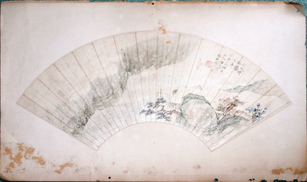 CHINESE FAN PAINTING, INK, WATERCOLOR ON PAPER: CHINESE FAN PAINTING, INK & WATERCOLOR ON PAPER, LATE 19TH C., 7" X 20" IMAGE, LANDSCAPE:Artist unidentified; red seal; unframed.. As is. From the Estate of David Steinman, Bloomfield Hills, Michigan.