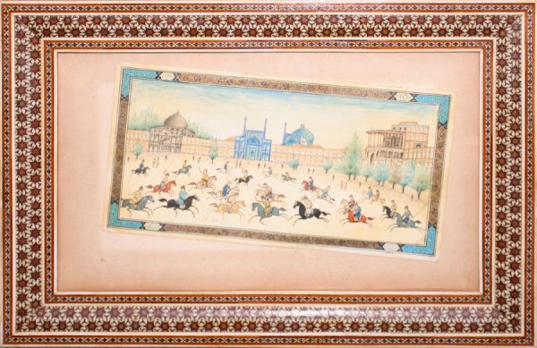 MODERN PERSIAN GOUACHE ON IVORINE, 5" X 9", : MODERN PERSIAN GOUACHE ON IVORINE, 5" X 9", "POLO MATCH":Scene at Ispahan, Iran, palace and mosque; inlaid frame. From the Estate of David Steinman, Bloomfield Hills, Michigan.