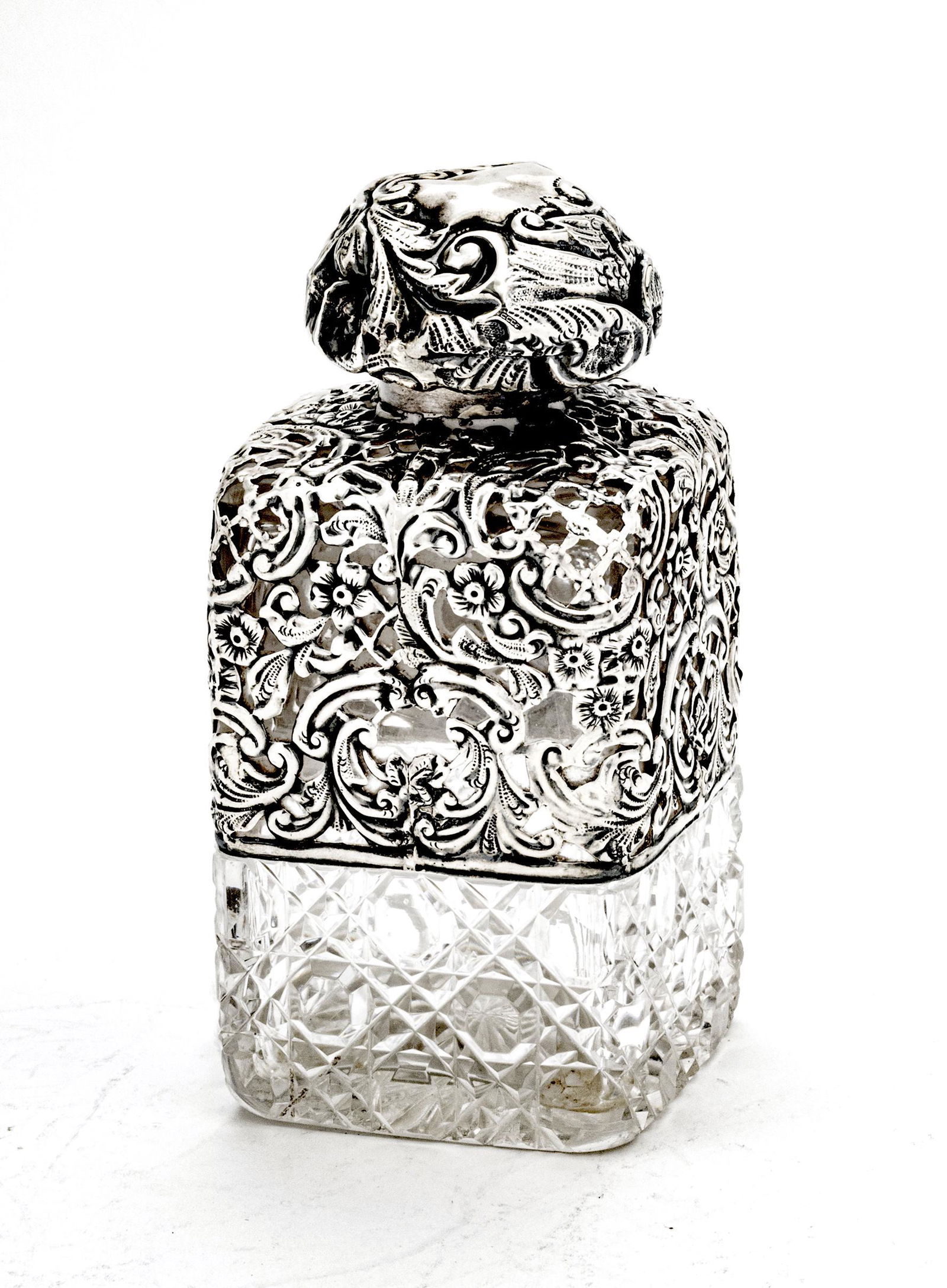 STERLING AND CUT GLASS BOTTLE, SILVER OVERLAY 1901 (1 of 4)