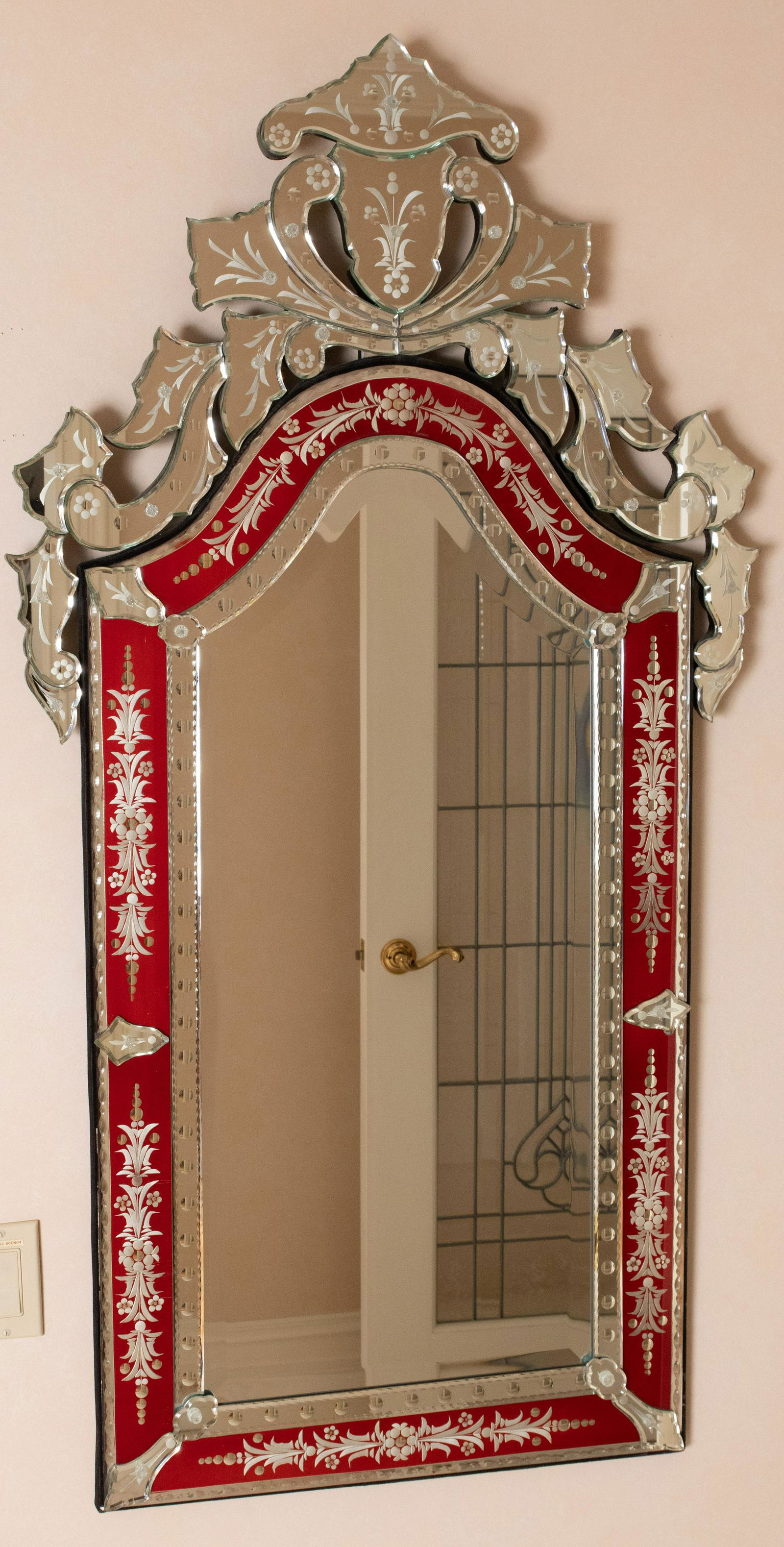 VENETIAN GLASS MIRROR, RUBY GLASS BORDER C 1960 (1 of 1)