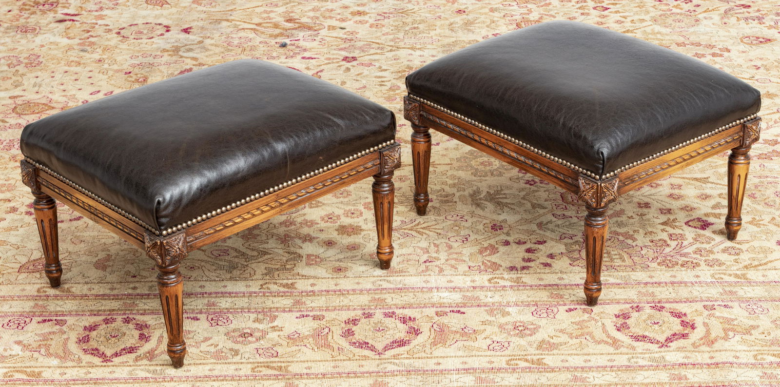 LOUIS XVI STYLE WALNUT & LEATHER OTTOMANS, PAIR (1 of 2)