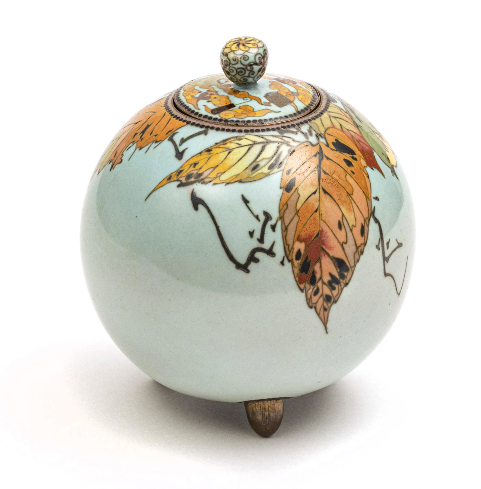 JAPANESE ENAMEL VASE, 19TH.C. H 5.5" DIA 5": JAPANESE ENAMEL VASE, 19TH.C. H 5.5" DIA 5" Orb shape champleve enamel raised on three prong feet, With cover. Motif of autumn leaves and birds against a turquoise ground.