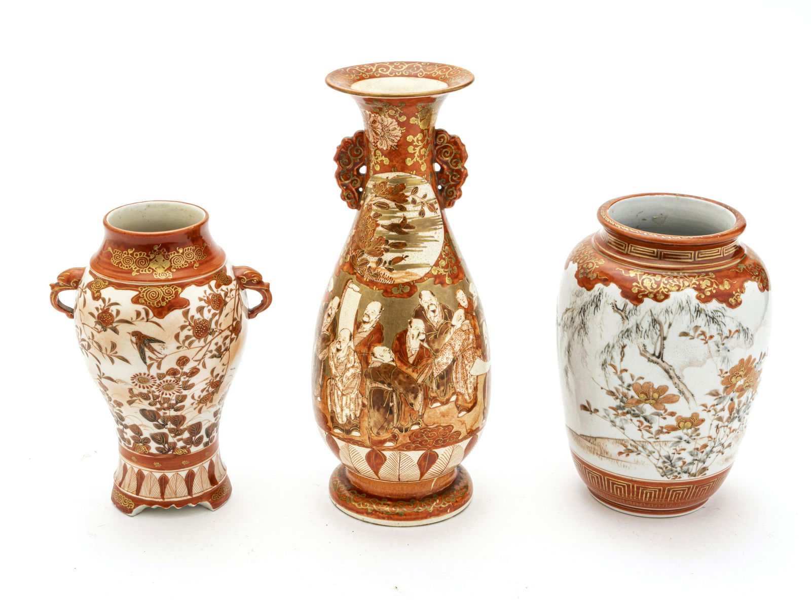 JAPANESE KUTANI PORCELAIN VASES C 1900, THREE PCS: JAPANESE KUTANI PORCELAIN VASES C 1900, THREE PCS. H 10", 7", 7" All are antique and hand decorated. From the estate of Lois Jacobs, Grosse Pointe Shores.
