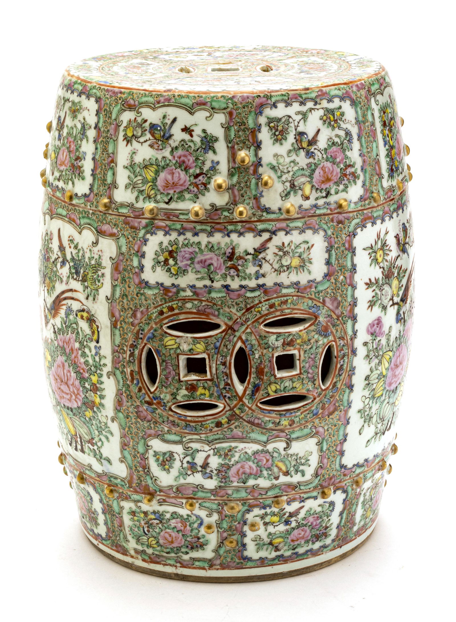 CHINESE PORCELAIN ROSE MEDALLION SEAT 19TH C: CHINESE PORCELAIN ROSE MEDALLION GARDEN SEAT 19TH.C. H 18" D 14" Hand painted in famille rose palette. From the estate of Lois Jacobs, Grosse Pointe Shores.