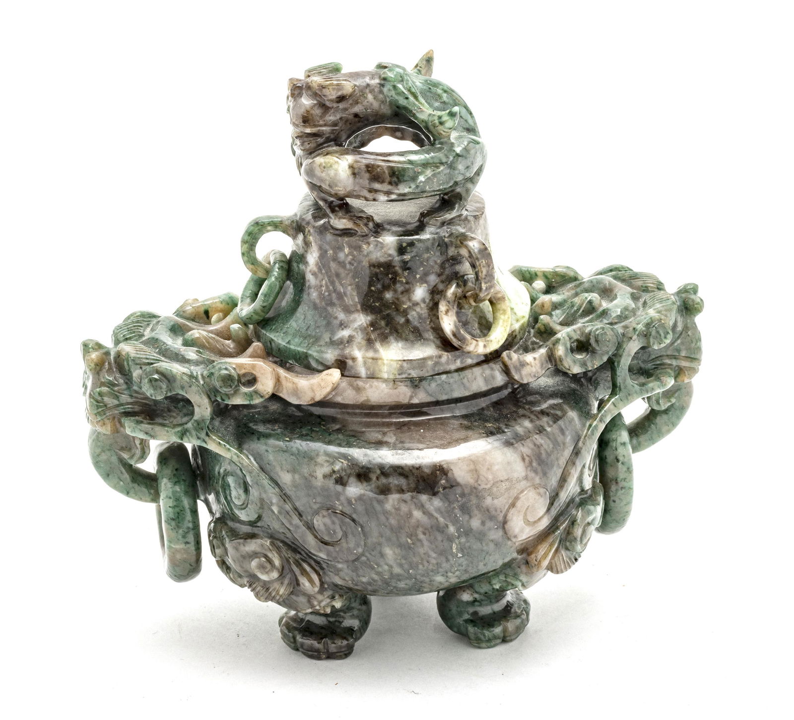 CHINESE JADE KORO WITH COVER H 6" W 6.5": CHINESE JADE KORO WITH COVER H 6" W 6.5" Finely carved. Circa 1950.From the estate of Lois Jacobs, Grosse Pointe Shores.