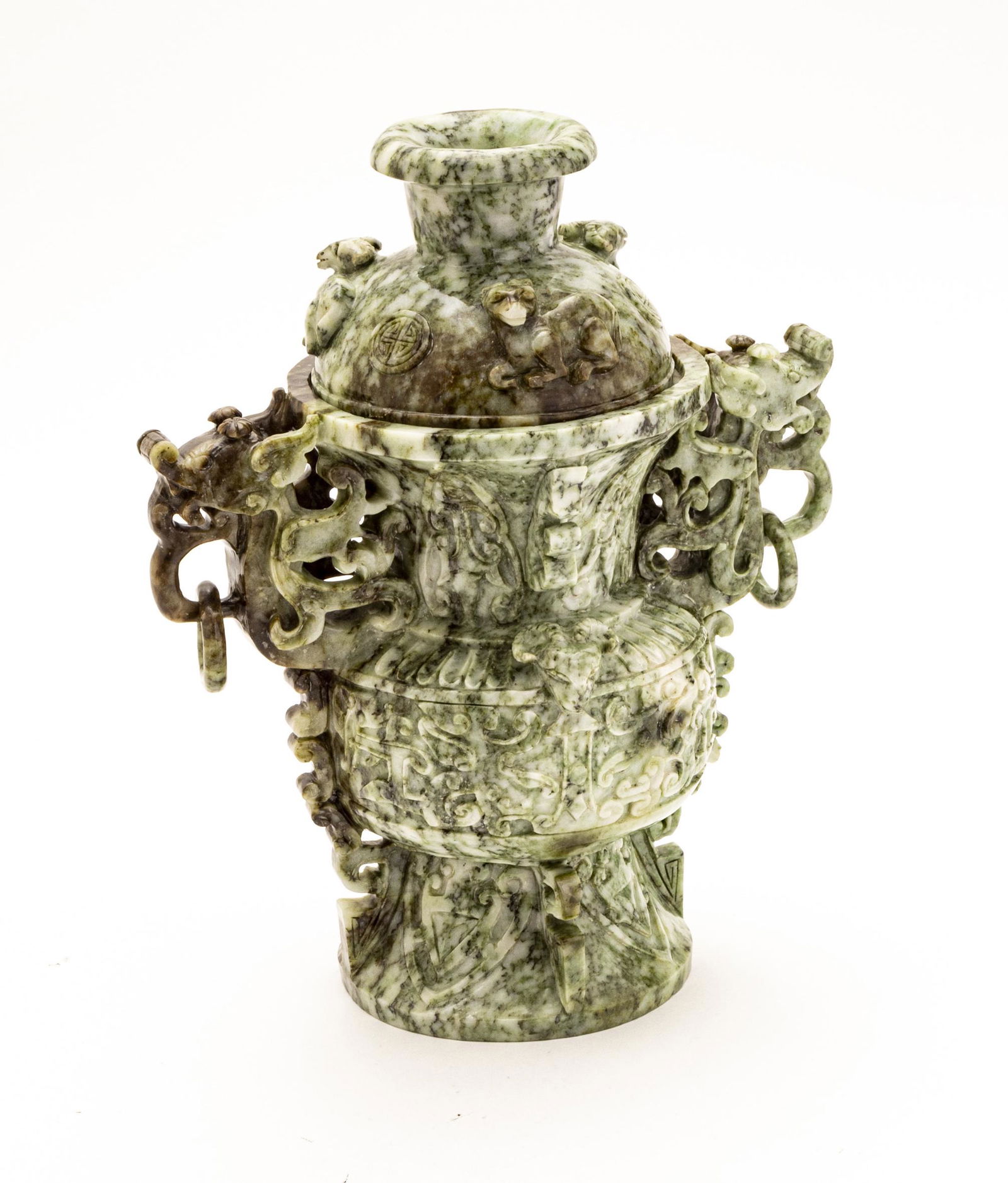 CHINESE CARVED SERPENTINE URN WITH COVER H 11.7" (1 of 3)