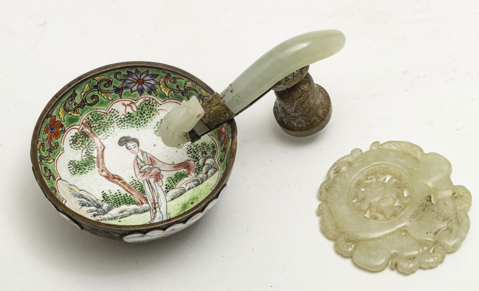 CHINESE ENAMEL LOTUS DISH, JADE HANDLE + DISC (1 of 3)