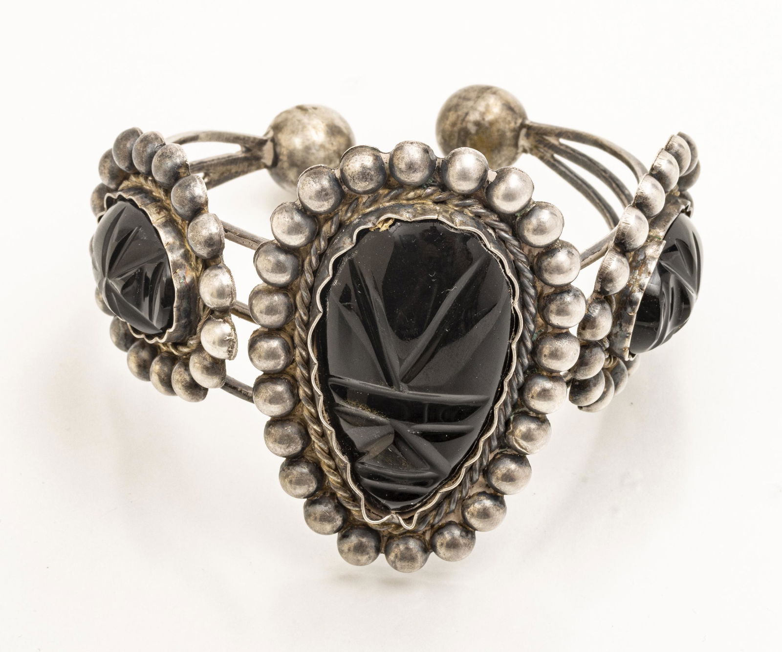 MEXICAN SILVER AND ONYX CUFF BRACELET, C 1950 (1 of 2)