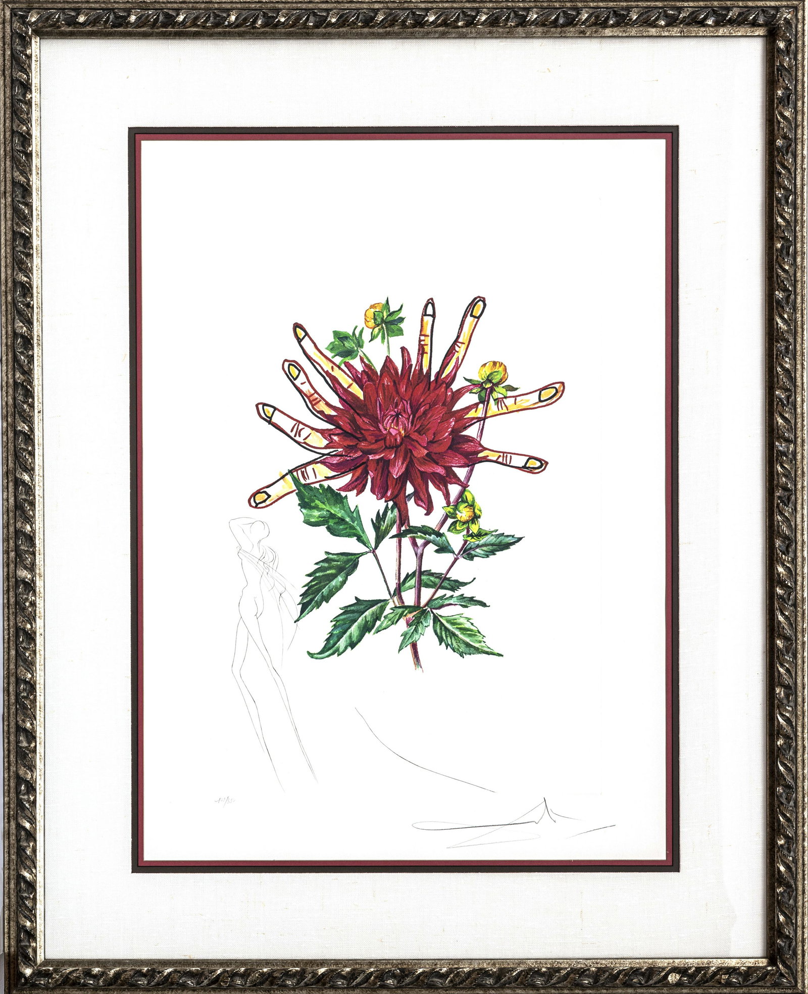 SALVADOR DALI LITHOGRAPH WITH ENGRAVING ON PAPER: SALVADOR DALI (SPANISH, 1904â€“1989) LITHOGRAPH IN COLORS WITH ENGRAVING ON WOVE PAPER, 1972 H 24" W 16" DAHLIA VENUS, FROM FLORALS SUITE Signed in pencil and numbered 102/350 (there were also 25