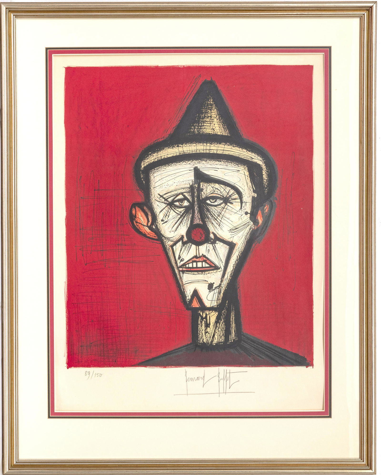 BERNARD BUFFET LITHOGRAPH IN COLORS, ON WOVE PAPER: BERNARD BUFFET (FRENCH, 1928â€“1999) LITHOGRAPH IN COLORS, ON WOVE PAPER, 1967 H 24.25" W 19.75" CLOWN Signed in pencil and numbered 89/150. Literature: Sorlier, 108 Framed in painted wood and pl