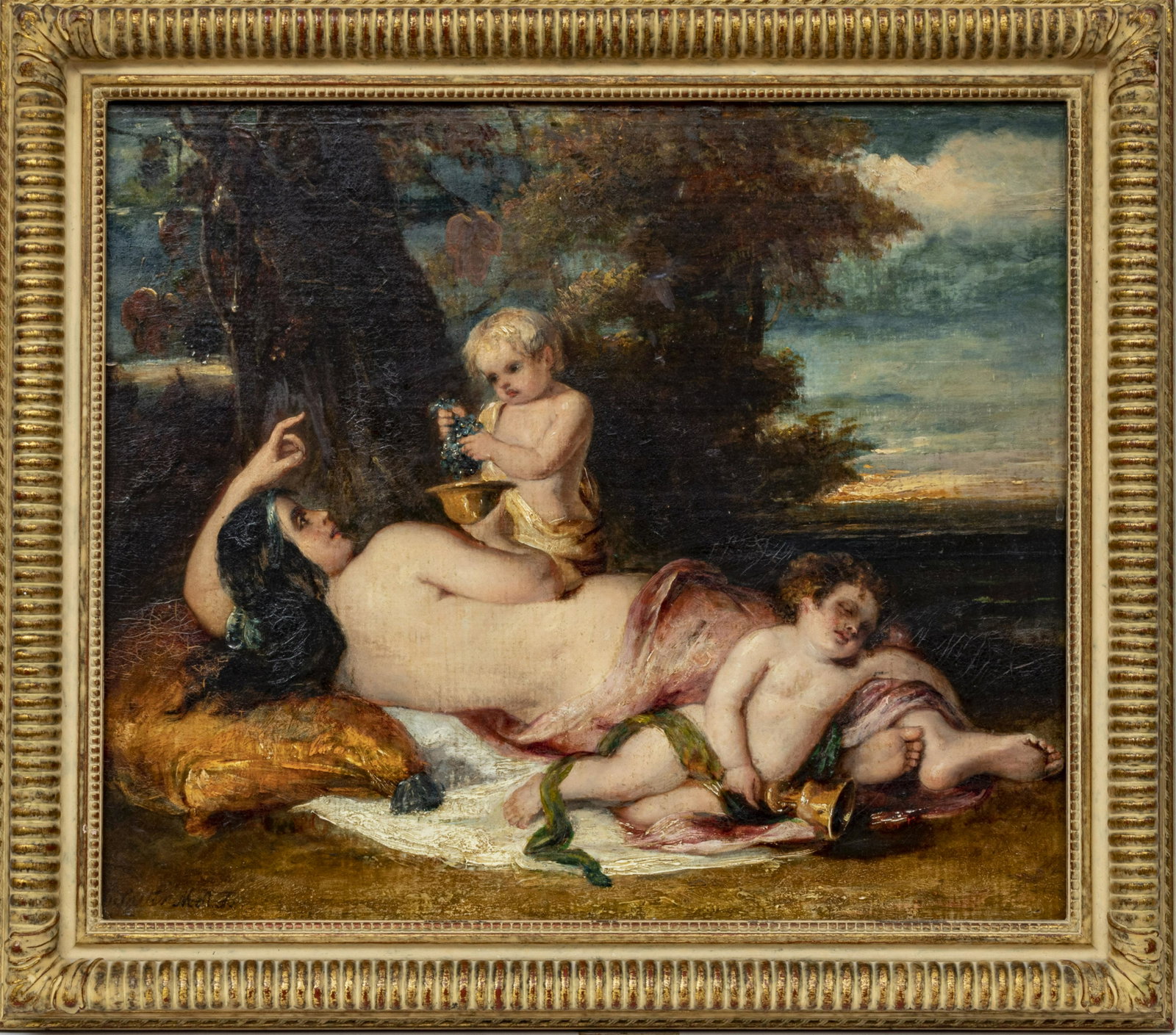 WILLIAM SALTER, OIL ON CANVAS, RECLINING FEMALE: WILLIAM SALTER (BRITISH, 1804-1875) OIL ON CANVAS 19TH C. H 17.5" W 20.5" RECLINING FEMALE WITH BACCHANTES Depicting a reclining nude woman with two bacchantes. Signed lower left. Salter is best known