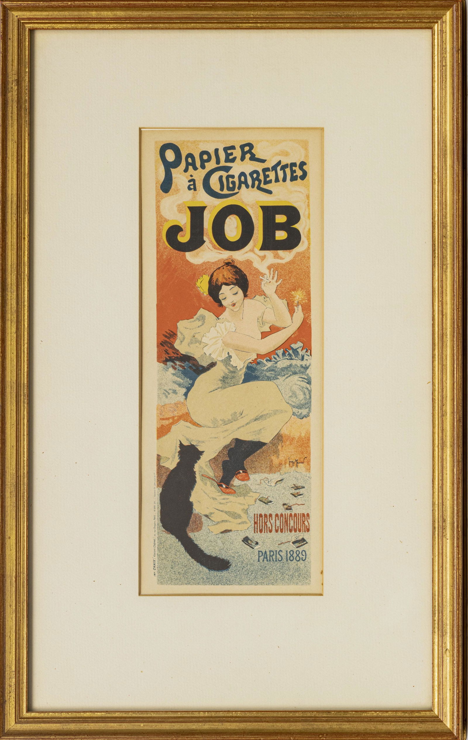 GEORGES MEUNIER LITHOGRAPH IN COLORS ON WOVE PAPER: GEORGES MEUNIER (FRENCH, 1869â€“42) LITHOGRAPH IN COLORS ON WOVE PAPER, H 12" W 4" PAPIER A CIGARETTES JOB, HORS CONCOURS, PARIS 1889 Les Maitres de l'Affiche, with the embossed stamp for "Imprim