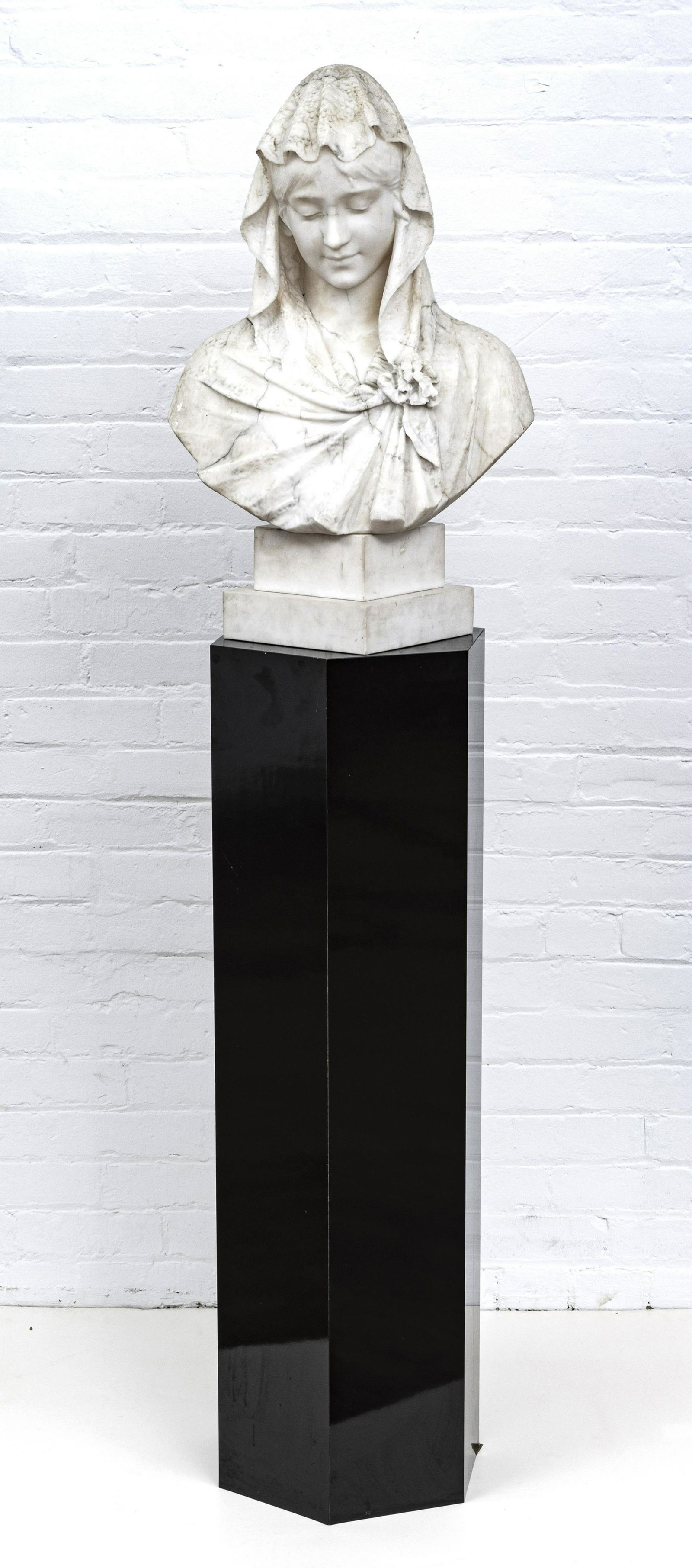 CESARE LAPINI ALABASTER BUST H 26" W 17" D 9": CESARE LAPINI (ITALIAN 1848 - 93) ALABASTER CARVED SCULPTURAL BUST, 1891, H 26" W 17" D 9" Signed C. Lapini, Firenze, 1891. 19th c. figure on what appear to be later plinths. Displayed on a hexagonal