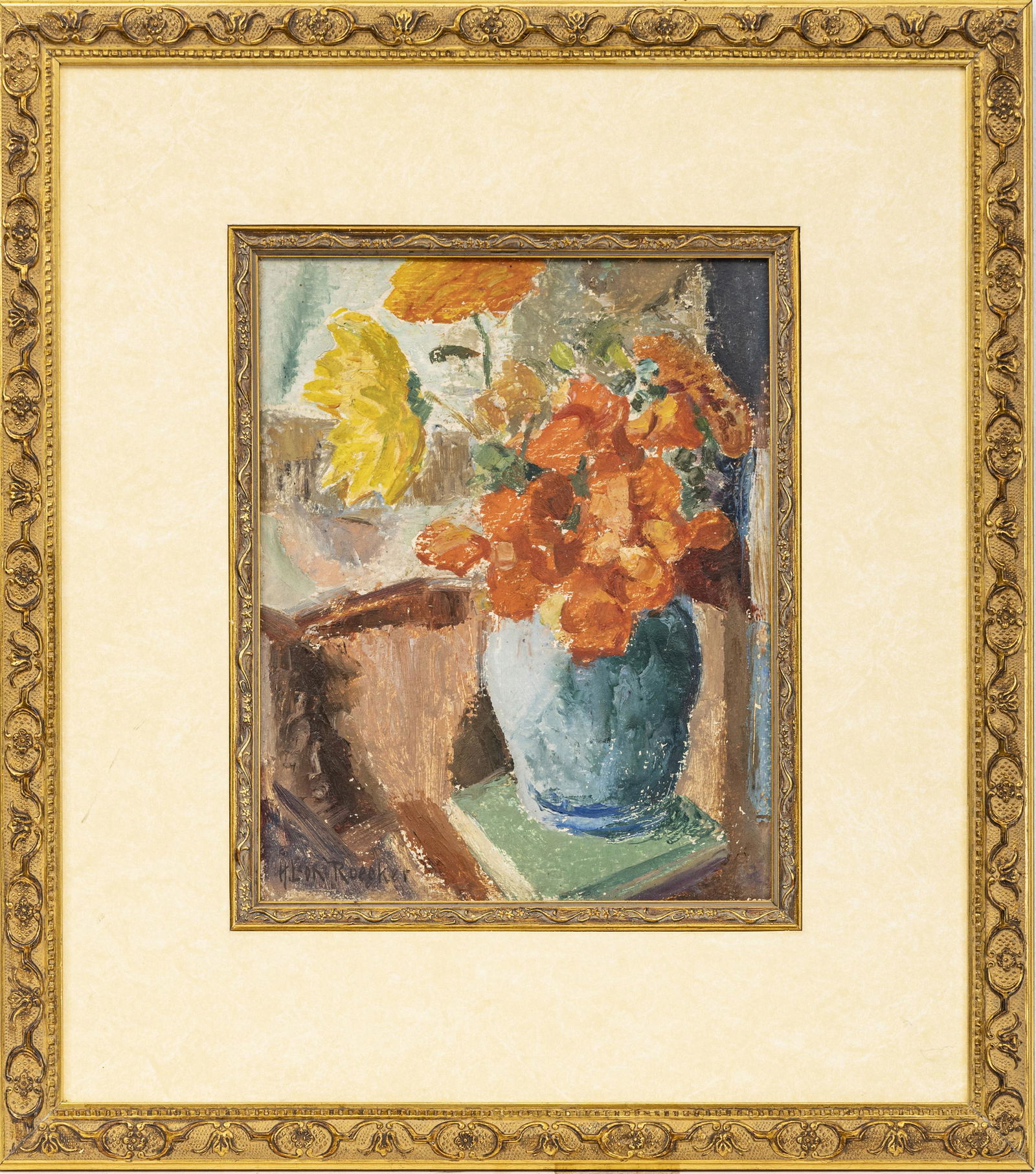 HENRY LEON ROECKER, OIL ON BOARD: HENRY LEON ROECKER (AMERICAN, 1865â€“1941) OIL ON BOARD, H 11" W 9" VASE OF RED FLOWERS Signed lower left. Matted and framed. Provenance: The Estate of Dr. James Letson, Saginaw, MI.