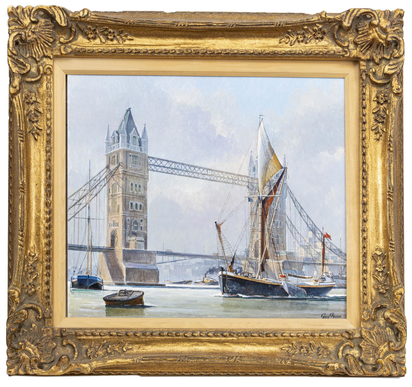 GUY PERON, OIL ON MASONITE, "BARGE DE LA TAMISE" (1 of 4)