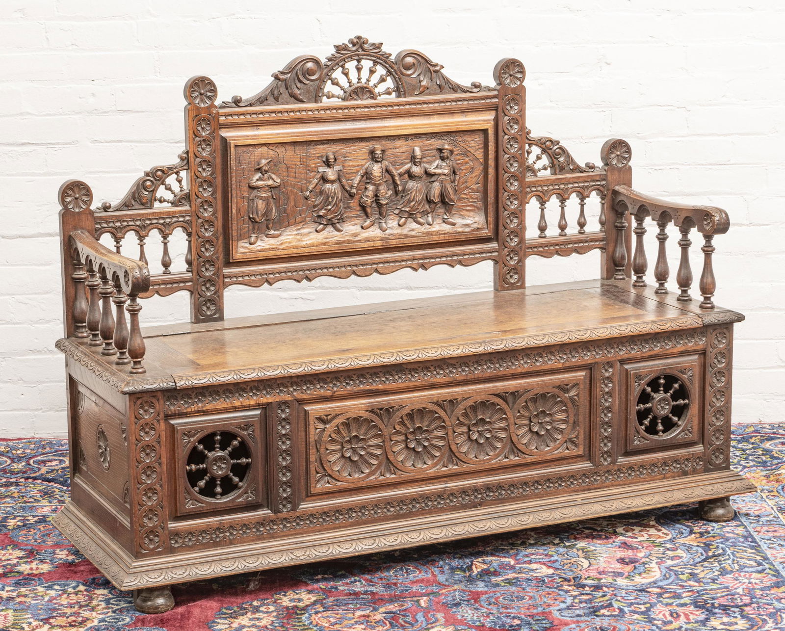 DUTCH, GOTHIC REVIVAL OAK HALL BENCH (1 of 3)