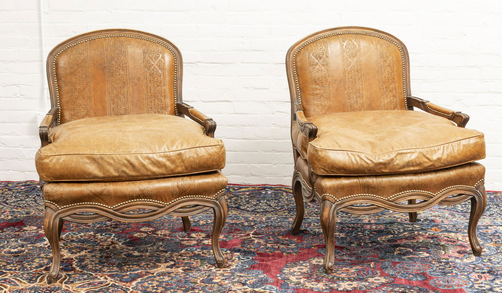 LOUIS XV STYLE WOOD AND LEATHER OPEN ARM CHAIRS (1 of 3)