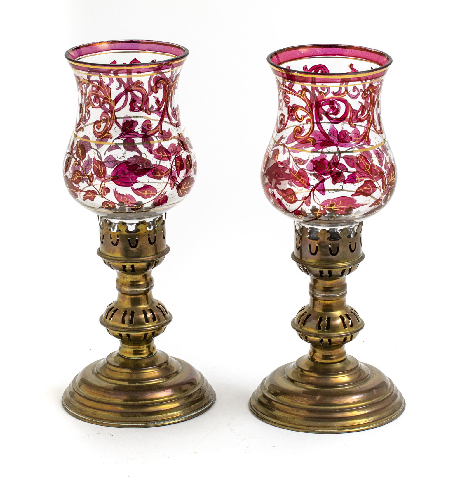 RUBY FLASHED GLASS & BRASS HURRICANE LAMPS (1 of 2)