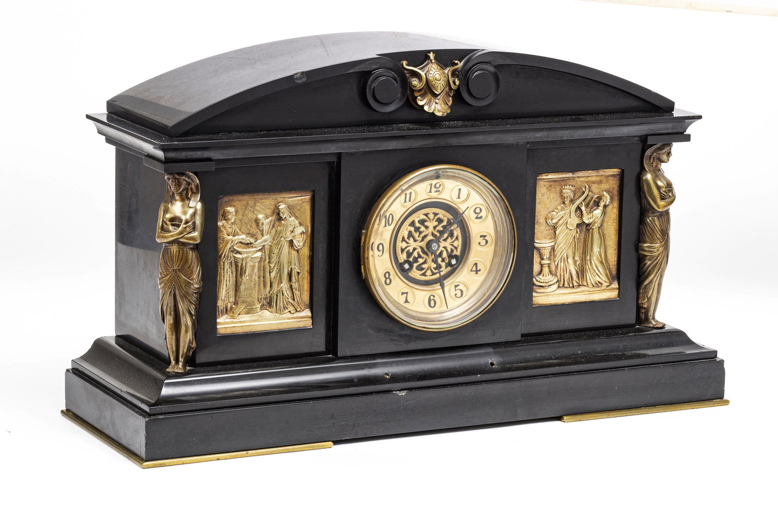 BLACK BELGIAN MARBLE AND BRONZE MANTLE CLOCK (1 of 2)