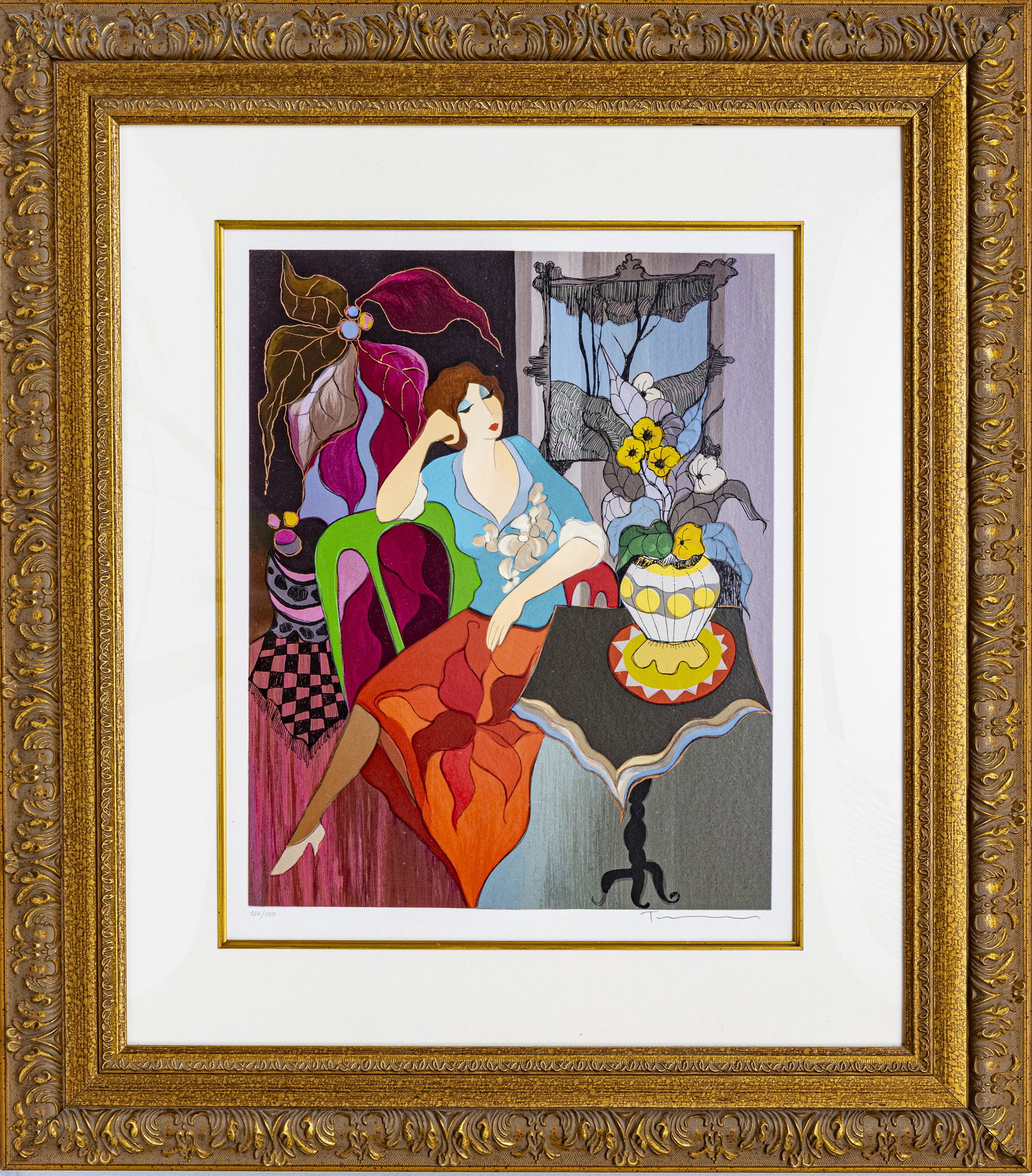 ITZCHAK TARKAY, SERIGRAPH: ITZCHAK TARKAY, (ISRAELI, 1935â€“2012), SERIGRAPH H 17" W 13.5" "COOL BREEZE" Depicting a woman resting next to flower vase.