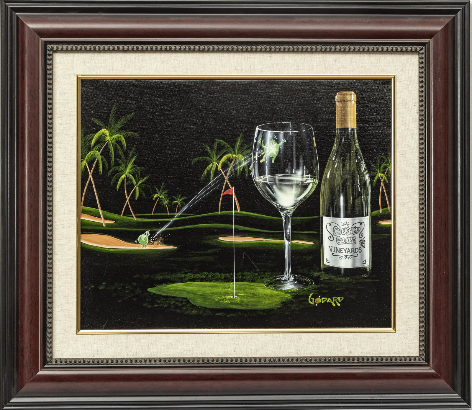 MICHAEL GODARD, MIXED MEDIA WITH ACRYLIC ON CANVAS: MICHAEL GODARD (AMERICAN B. 1958) MIXED MEDIA PAINTING WITH ACRYLIC ON CANVAS, 2015, H 16", W 20", "CRUSHED GRAPE GOLF WHITE WINE" Depicting a glass and bottle of wine with a grape on a golf course. S