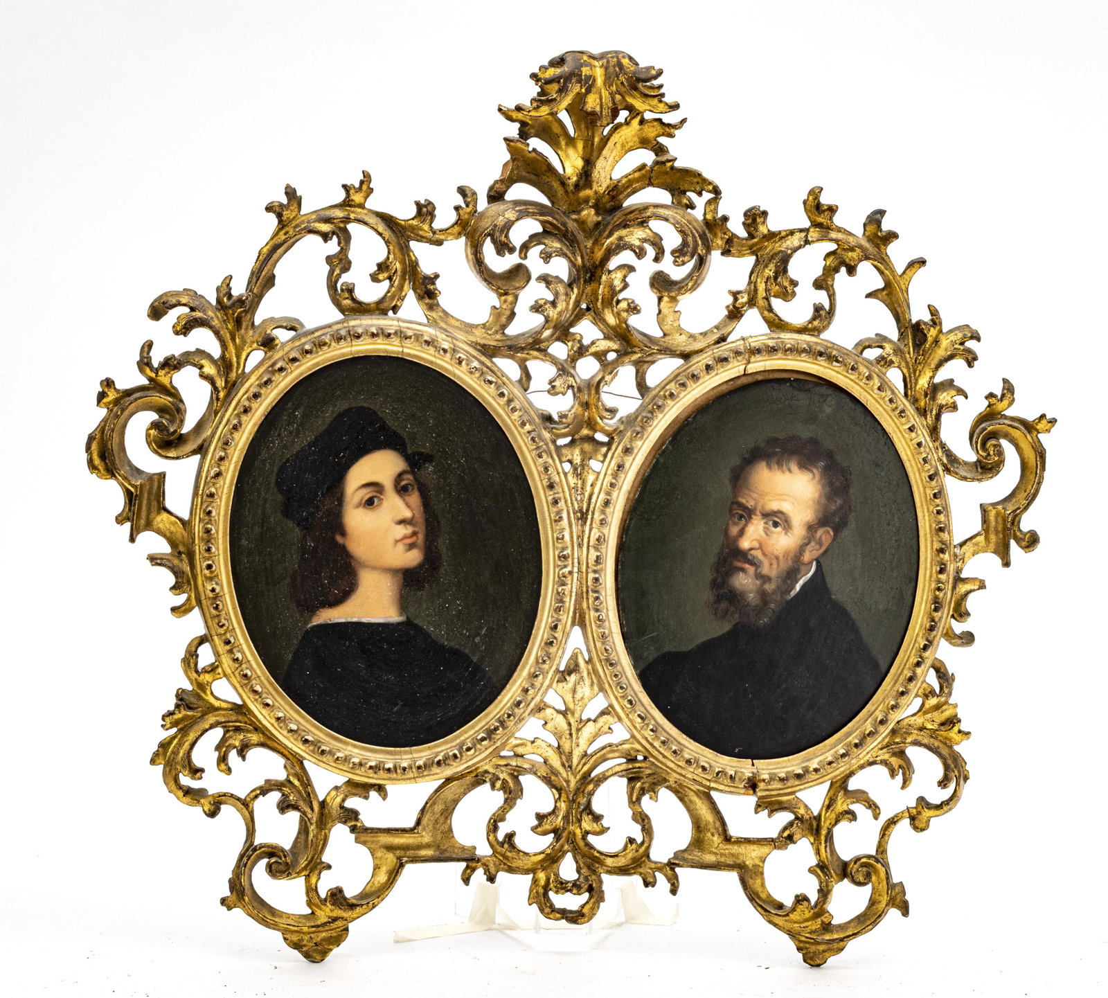 OIL ON PANEL H 20" W 20" MICHELANGELO AND RAPHAEL: OIL ON PANEL H 20" W 20" MICHELANGELO AND RAPHAEL In a gilt wood Florentine frame.