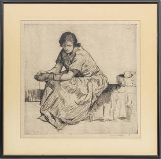 MYRON BARLOW, ETCHING, GIRL SEATED: MYRON BARLOW, MICH. 1873 - 37, ETCHING H 15" W 15" GIRL SEATED Pencil signed. Frame 22" x 22". Girl darning socks.