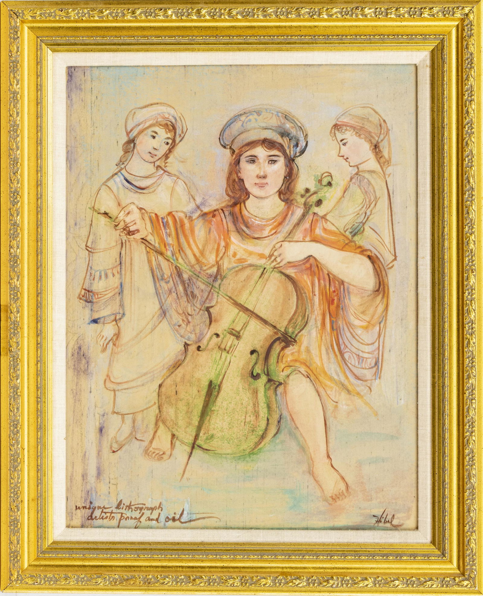 EDNA HIBEL, LITHOGRAPH WITH OIL PAINT, CELLIST (1 of 4)