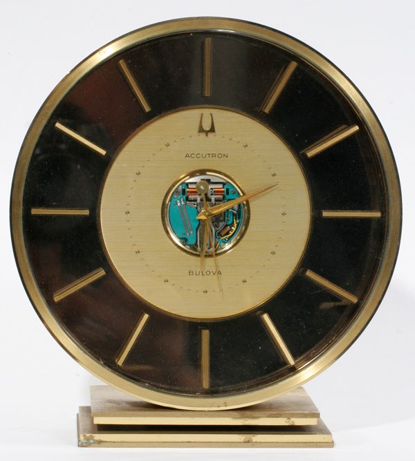 BULOVA ACCUTRON BRASS MANTEL CLOCK, H 6", : BULOVA ACCUTRON BRASS MANTEL CLOCK, H 6", DIA 5 1/2":