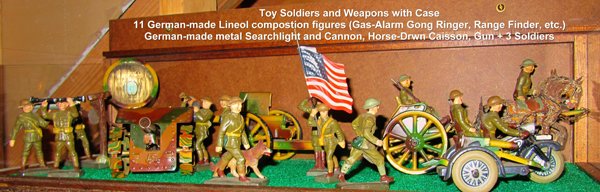 GERMAN MADE WWI TOY SOLDIERS 15+ PCS., H 3"-5": GERMAN MADE WWI TOY SOLDIERS 15+ PCS., H 3"-5":consists of 11 German made Lineol composition figures (gas alarm gong, range finder, field cannon, horse drawn caisson and cannon with 3 soldiers; assort