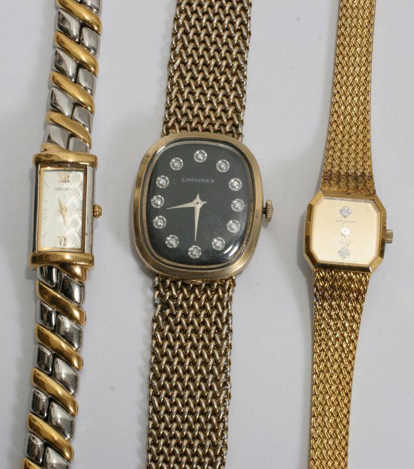 SEIKO, WITTNAUER & LONGINES WRIST WATCHES, 3PCS: SEIKO, WITTNAUER & LONGINES LADY'S & MAN'S WRIST WATCHES, 3 PCS.:gents watch is a rectangular shape with black face and faceted stones at the hours; plated metal mesh band; lady's watches are rectangu