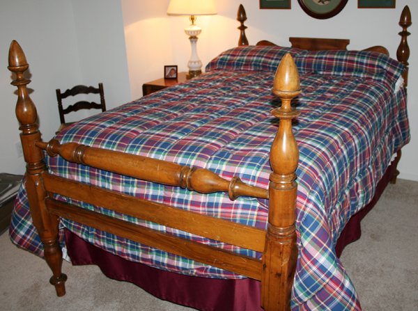 AMERICAN MAPLE FOUR-POSTER BED, MID 19TH C.,: AMERICAN MAPLE FOUR-POSTER BED, MID 19TH C., W 48":Turned posts with turnip style finials.