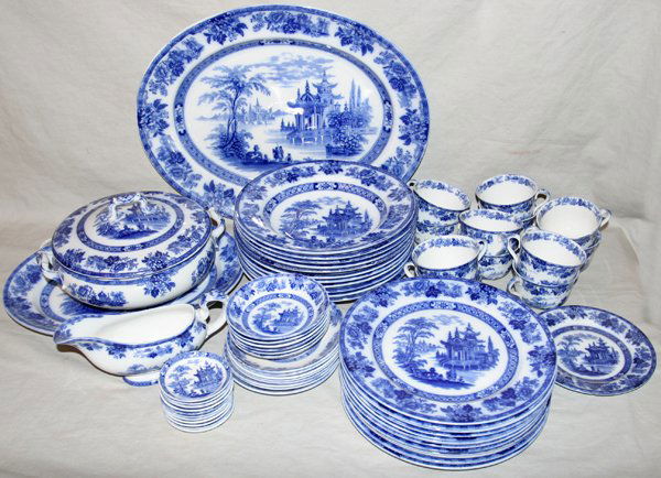 DOULTON 'MADRAS' FLO BLUE DINNER SERVICE, 72: DOULTON 'MADRAS' FLO BLUE DINNER SERVICE, 72 PIECES:Including 12 dinner plates, 9 1/2"; 6 sauce dishes; 8 cups; 8 saucers; 11 soup bowls, 10"; 10 butter patties; 4 extra cups; 2 platters, 13" and 17".