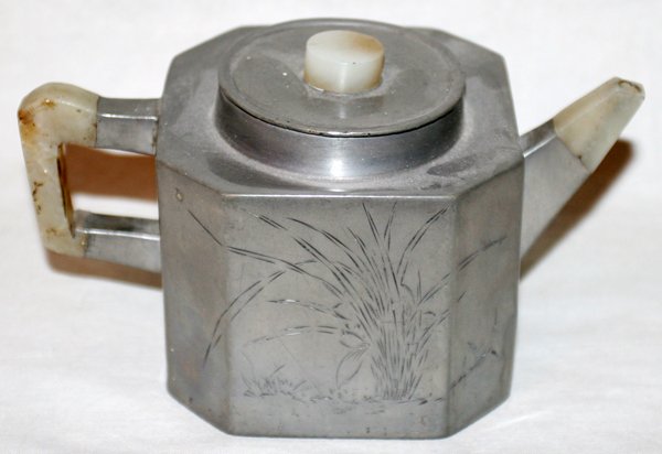CHINESE PEWTER TEAPOT, H 3 1/2": CHINESE PEWTER TEAPOT, H 3 1/2":With a soapstone handle (bent).