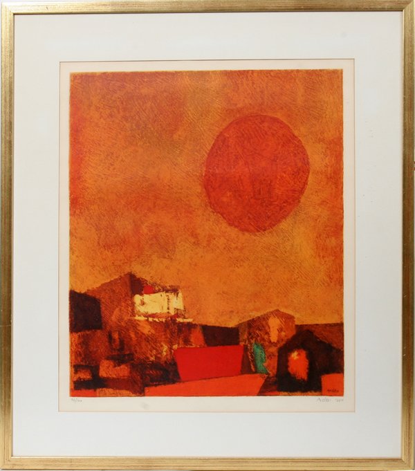 MORDECAI ARDON (1896-1992), LITHOGRAPH, 96/100: MORDECAI ARDON (1896-1992), LITHOGRAPH, 96/100, 20" X 16", 'RED SUN OVER MA'ABARA':Pencil signed lower right in English and Hebrew, numbered 96/100 lower left, under glass and matted in a contemporary