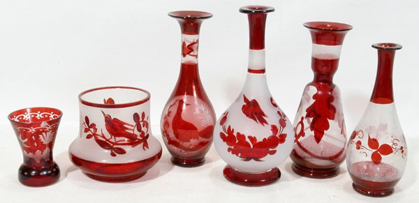 BOHEMIAN FLASHED RUBY VASES & TOOTHPICK HOLDER: BOHEMIAN FLASHED RUBY VASES (5) & TOOTHPICK HOLDER, H 3"-7":Including 5 vases, three of which with bird motifs, and 1 toothpick holder. Measures H.3 1/2"-7".