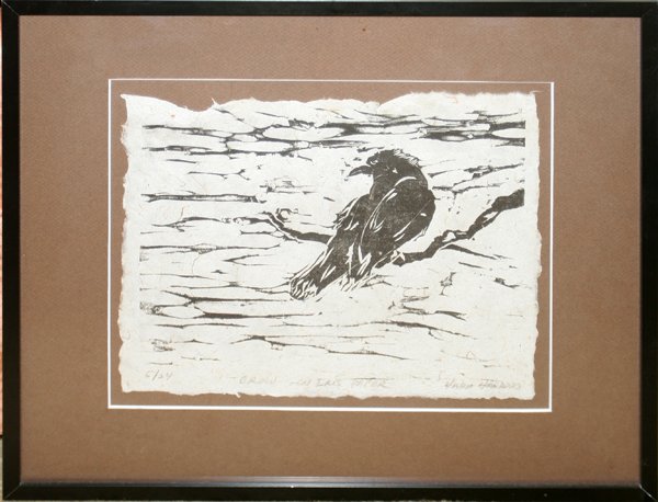HARA HARDING, WOOD CUT, 'CROW': HARA HARDING, WOOD CUT, 'CROW':On handmade paper. Framed. Signed. Kennebunkport, Maine.
