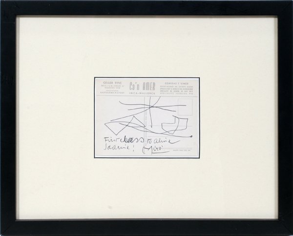 JOAN MIRO BALLPOINT PEN & BLACK INK ON POSTCARD: JOAN MIRO, BALLPOINT PEN & BLACK INK ON POSTCARD, "DESSIN POUR ALINE," 4" X 5 1/4" CARD:Signed and inscribed "First Class to Aline Saarine!" in ink, lower margin recto. Aline Bernstein Saarinen (1914-