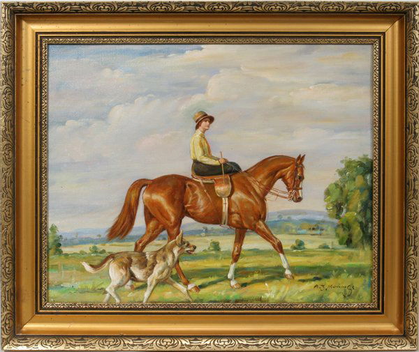 BEARS THE SIGNATURE A.J. MUNNINGS OIL ON CANVAS: BEARS THE SIGNATURE A.J. MUNNINGS, OIL ON CANVAS, 21" X 17", WOMAN ON HORSEBACK:Image depicts a woman riding side saddle on a horse, with her dog walking along side of her. Bears the signature "A.J. M