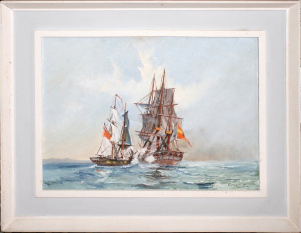 J. C. MIDDLETON OIL ON CANVAS BOARD, 12" X 16": J. C. MIDDLETON, BRITISH 1894 - 69 BRITISH OIL ON CANVAS BOARD, 12" X 16", "INTERCEPTED":Signed JC Middleton lower right (James C. Middleton, British 1894-1969). George Rowney canvas board. White fram