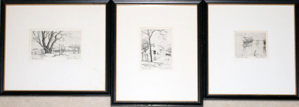 JAMES SWANN, ETCHINGS, 3, LANDSCAPE/PORT SCENES: JAMES SWANN, ETCHINGS, THREE, C. 2" X 3" TO 4" X 3", LANDSCAPE/PORT SCENES:"Galveston Bay"; "Barlow's Barn"; "Breslow Hill"; each pencil signed, titled and framed.