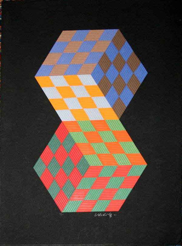 VICTOR VASARELY, COLOR SILKSCREEN ON CAST PAPER: VICTOR VASARELY, COLOR SILKSCREENING ON CAST PAPER, 36" X 24" IMAGE & PAPER, "KARTSOU (FORMERLY)":#150/200; pencil signed; unframed; published by Circle Fine Arts.